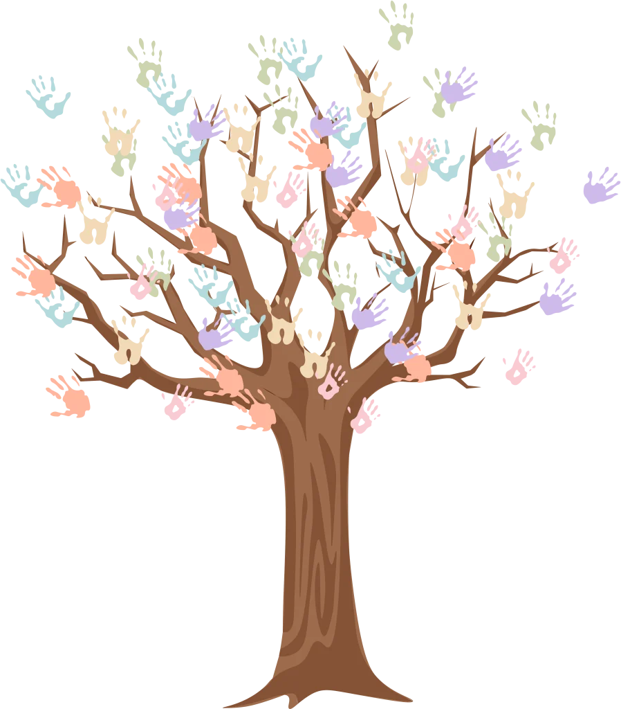 Ein Baum mit vielen bunten Händeabdrücken von den Malaika Kindern, die als Blätter fungieren.